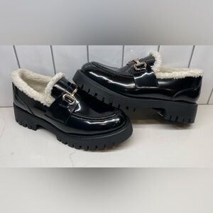 Steve Madden Lando-F Lug Sole Loafers, Black, Size 8.5  Lined in Faux Shearling